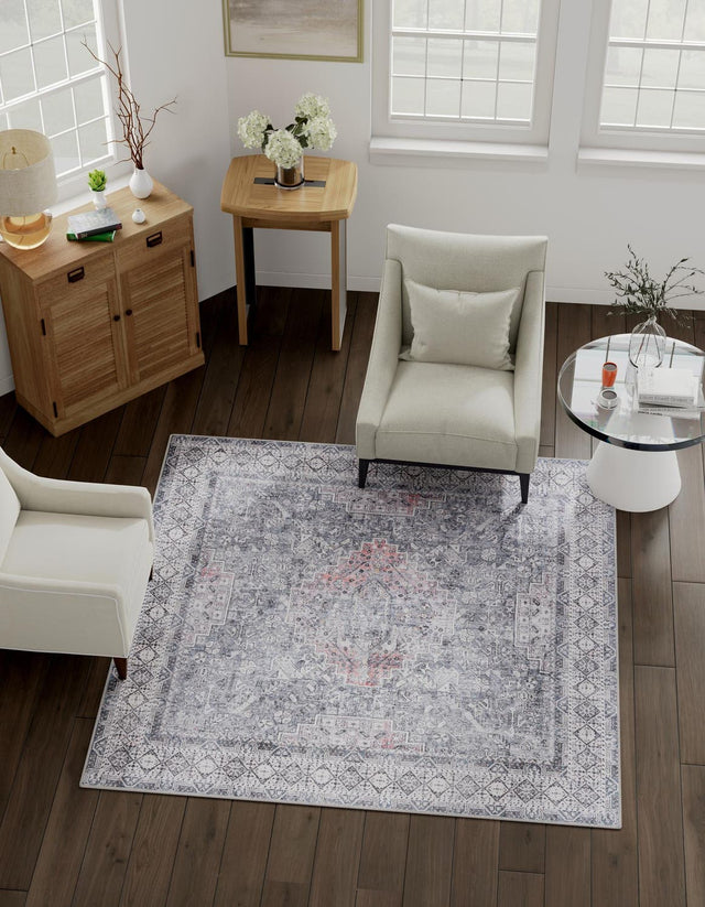 Washable Gray 7' 10 x 7' 10 Timeless Square Area Rug Easy to Clean Stain Resistant & Durable Traditional Classic Vintage Design Carpet for Sale at Rug Engine