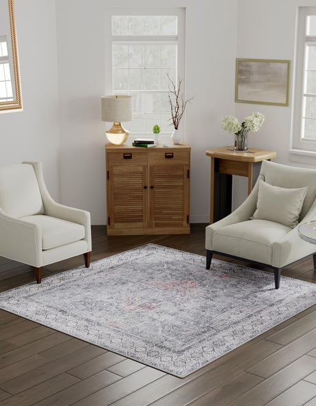 Washable Gray 7' 10 x 7' 10 Timeless Square Area Rug Easy to Clean Stain Resistant & Durable Traditional Classic Vintage Design Carpet for Sale at Rug Engine