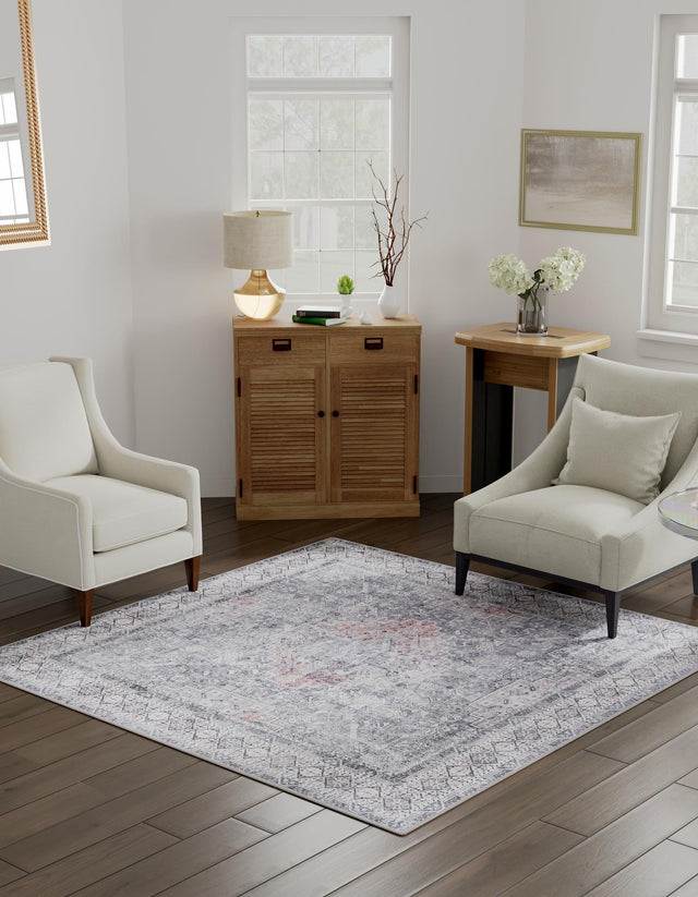 Washable Gray 7' 10 x 7' 10 Timeless Square Area Rug Easy to Clean Stain Resistant & Durable Traditional Classic Vintage Design Carpet for Sale at Rug Engine
