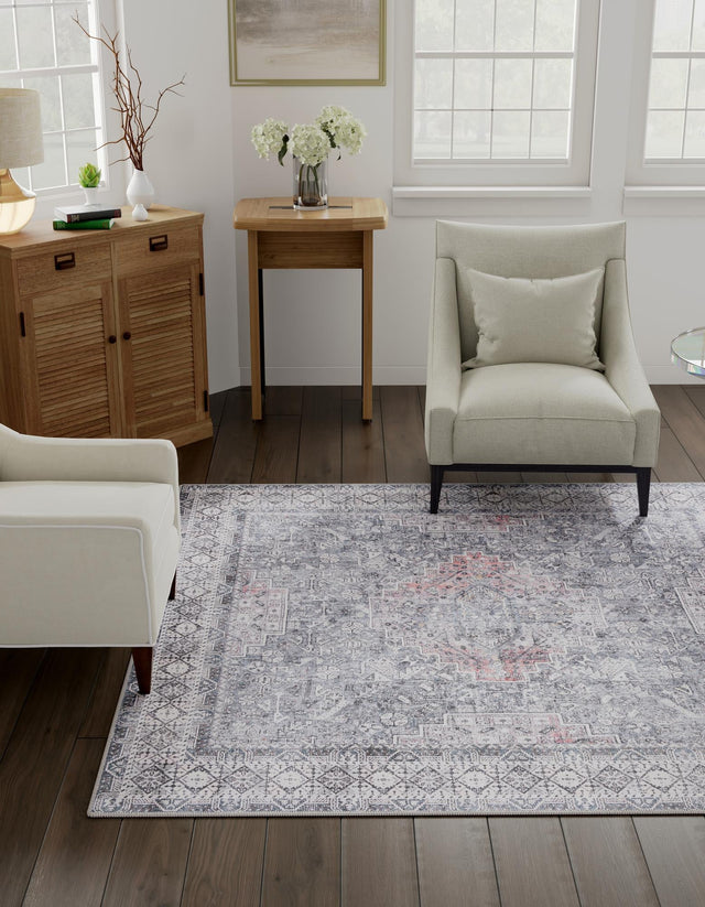 Washable Gray 7' 10 x 7' 10 Timeless Square Area Rug Easy to Clean Stain Resistant & Durable Traditional Classic Vintage Design Carpet for Sale at Rug Engine