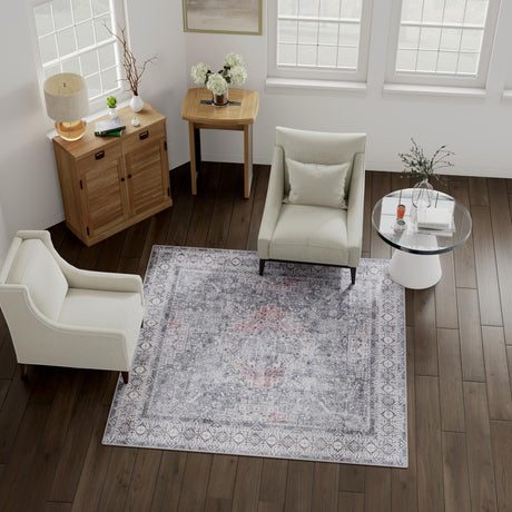 Washable Gray 7' 10 x 7' 10 Timeless Square Area Rug Easy to Clean Stain Resistant & Durable Traditional Classic Vintage Design Carpet for Sale at Rug Engine