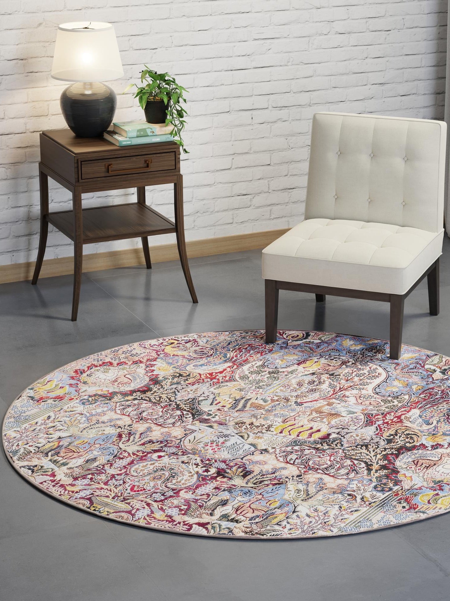 Washable Multicolor 7' 10 x 7' 10 Timeless Round Area Rug Easy to Clean Stain Resistant & Durable Traditional Classic Vintage Design Carpet for Sale at Rug Engine