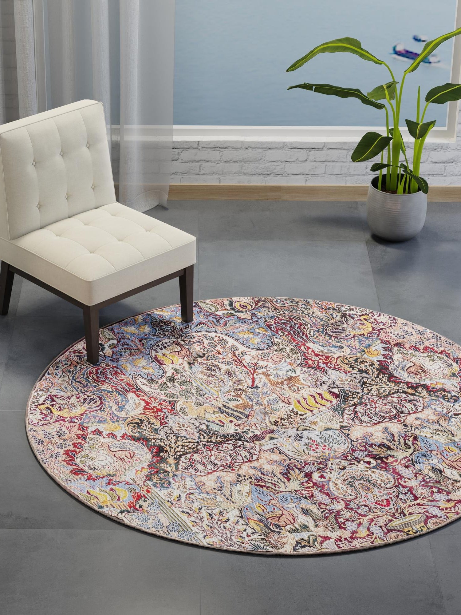 Washable Multicolor 5' 1 x 5' 1 Timeless Round Area Rug Easy to Clean Stain Resistant & Durable Traditional Classic Vintage Design Carpet for Sale at Rug Engine