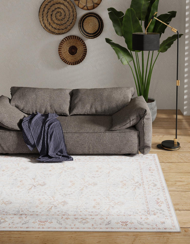 Washable Ivory 6' 1 x 9' Timeless Rectangle Area Rug Easy to Clean Stain Resistant & Durable Traditional Classic Vintage Design Carpet for Sale at Rug Engine