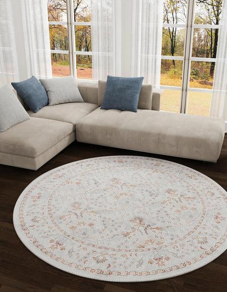 Washable Ivory 5' 1 x 5' 1 Timeless Round Area Rug Easy to Clean Stain Resistant & Durable Traditional Classic Vintage Design Carpet for Sale at Rug Engine