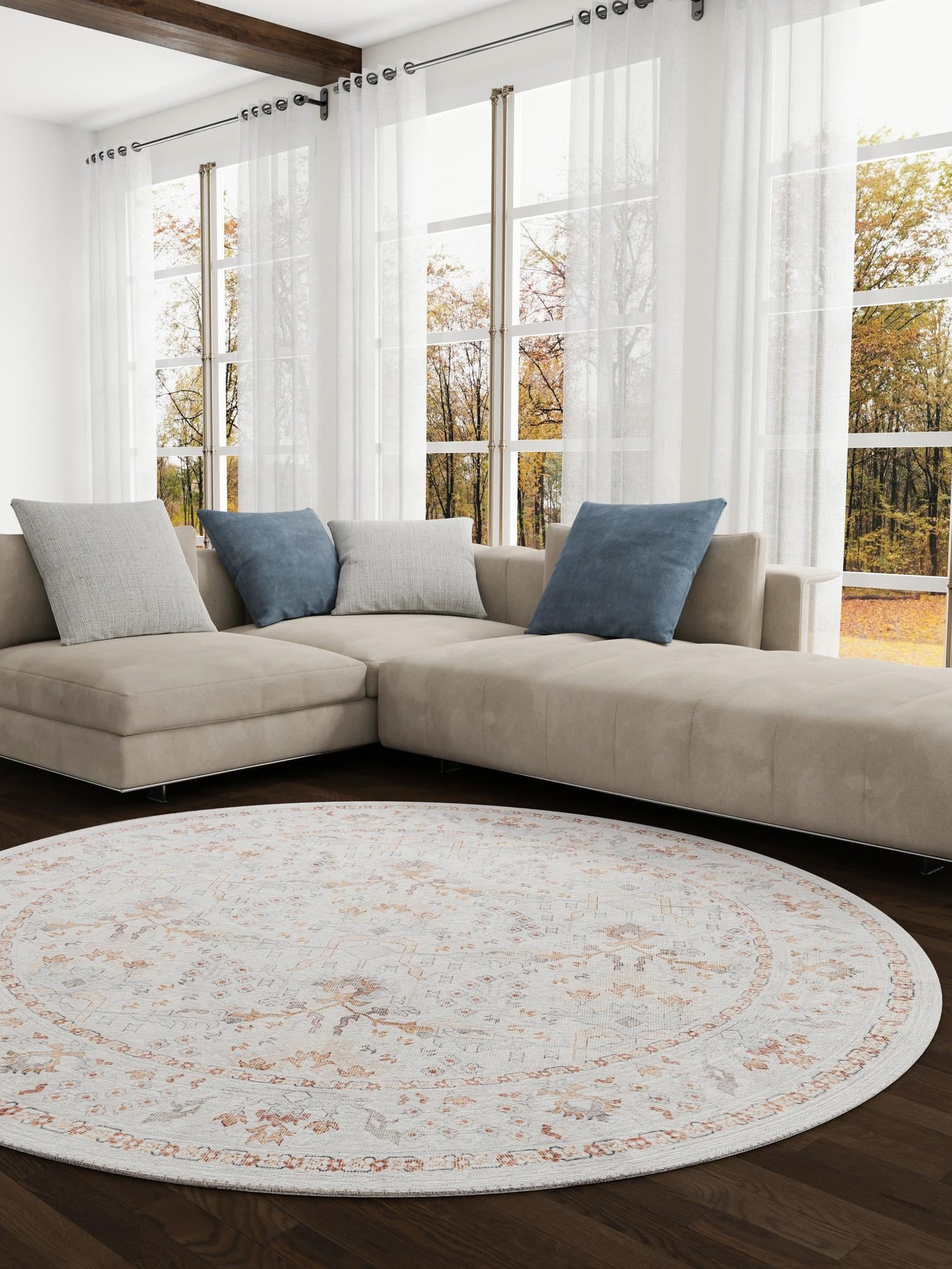 Washable Ivory 5' 1 x 5' 1 Timeless Round Area Rug Easy to Clean Stain Resistant & Durable Traditional Classic Vintage Design Carpet for Sale at Rug Engine