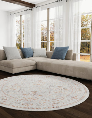 Washable Ivory 3' 6 x 3' 6 Timeless Round Area Rug Easy to Clean Stain Resistant & Durable Traditional Classic Vintage Design Carpet for Sale at Rug Engine