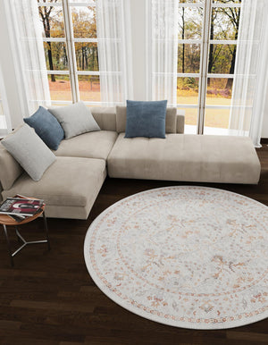 Washable Ivory 7' 10 x 7' 10 Timeless Round Area Rug Easy to Clean Stain Resistant & Durable Traditional Classic Vintage Design Carpet for Sale at Rug Engine