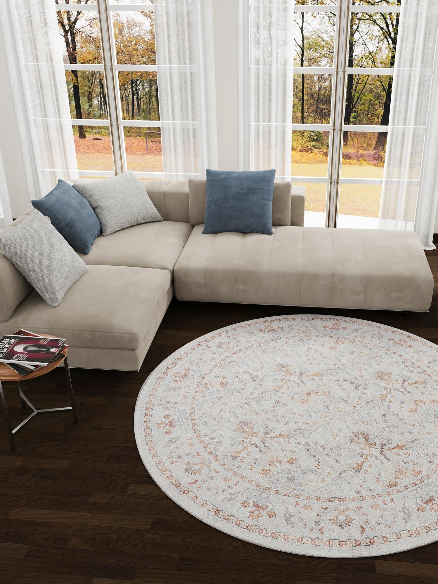 Washable Ivory 3' 6 x 3' 6 Timeless Round Area Rug Easy to Clean Stain Resistant & Durable Traditional Classic Vintage Design Carpet for Sale at Rug Engine