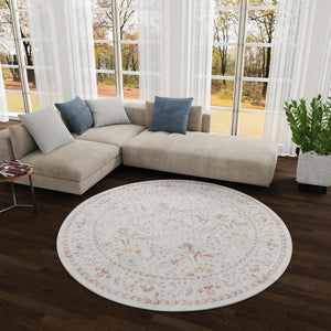 Washable Ivory 7' 10 x 7' 10 Timeless Round Area Rug Easy to Clean Stain Resistant & Durable Traditional Classic Vintage Design Carpet for Sale at Rug Engine