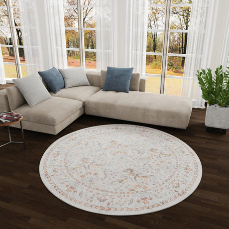 Washable Ivory 7' 10 x 7' 10 Timeless Round Area Rug Easy to Clean Stain Resistant & Durable Traditional Classic Vintage Design Carpet for Sale at Rug Engine