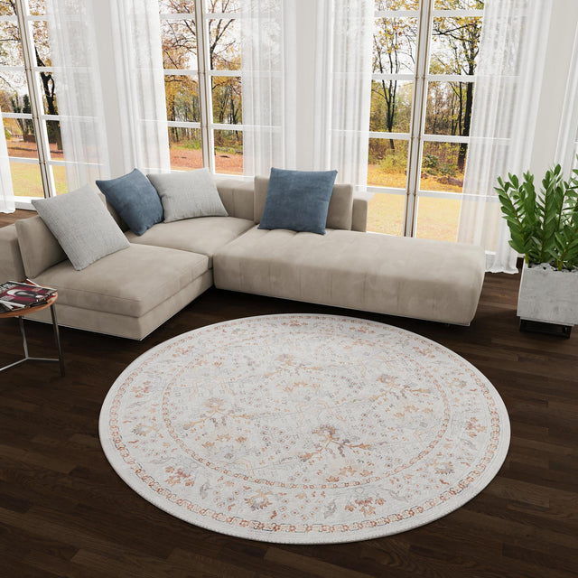 Washable Ivory 7' 10 x 7' 10 Timeless Round Area Rug Easy to Clean Stain Resistant & Durable Traditional Classic Vintage Design Carpet for Sale at Rug Engine