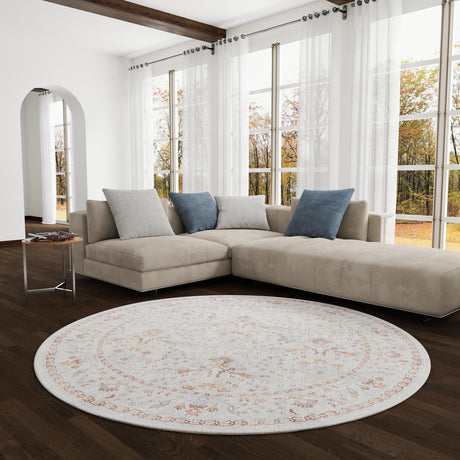 Washable Ivory 7' 10 x 7' 10 Timeless Round Area Rug Easy to Clean Stain Resistant & Durable Traditional Classic Vintage Design Carpet for Sale at Rug Engine