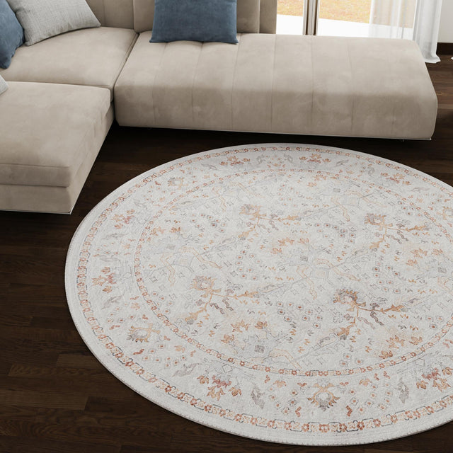 Washable Ivory 7' 10 x 7' 10 Timeless Round Area Rug Easy to Clean Stain Resistant & Durable Traditional Classic Vintage Design Carpet for Sale at Rug Engine