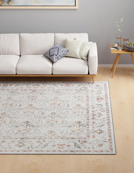 Washable Ivory 7' 10 x 7' 10 Timeless Square Area Rug Easy to Clean Stain Resistant & Durable Traditional Classic Vintage Design Carpet for Sale at Rug Engine