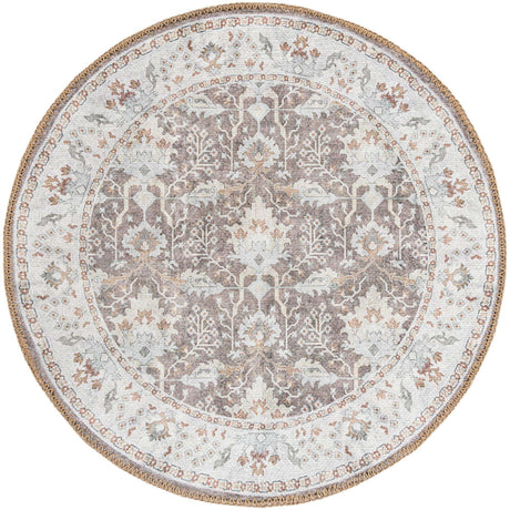 Washable Almond Brown 2' x 2' Timeless Round Area Rug Easy to Clean Stain Resistant & Durable Traditional Classic Vintage Design Carpet for Sale at Rug Engine