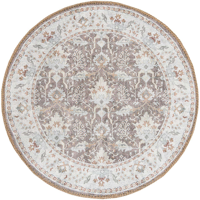 Washable Almond Brown 2' x 2' Timeless Round Area Rug Easy to Clean Stain Resistant & Durable Traditional Classic Vintage Design Carpet for Sale at Rug Engine