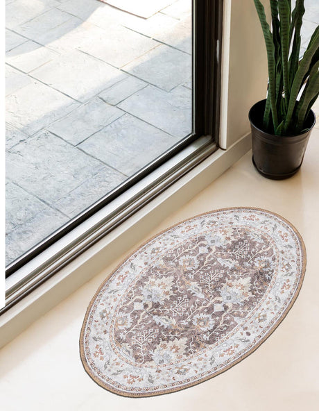 Washable Almond Brown 2' x 3' 1 Timeless Oval Area Rug Easy to Clean Stain Resistant & Durable Traditional Classic Vintage Design Carpet for Sale at Rug Engine