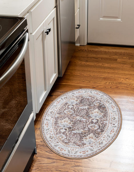 Washable Almond Brown 2' x 3' 1 Timeless Oval Area Rug Easy to Clean Stain Resistant & Durable Traditional Classic Vintage Design Carpet for Sale at Rug Engine