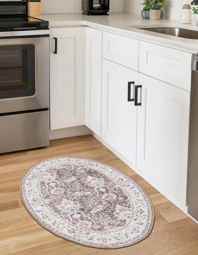 Washable Almond Brown 2' x 3' 1 Timeless Oval Area Rug Easy to Clean Stain Resistant & Durable Traditional Classic Vintage Design Carpet for Sale at Rug Engine
