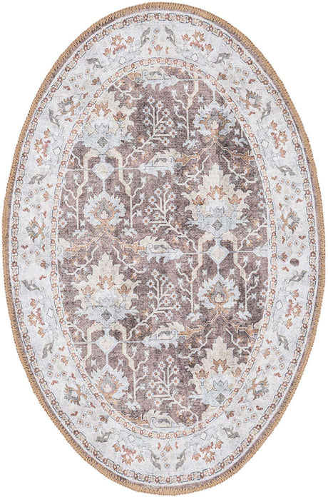 Washable Almond Brown 2' x 3' 1 Timeless Oval Area Rug Easy to Clean Stain Resistant & Durable Traditional Classic Vintage Design Carpet for Sale at Rug Engine