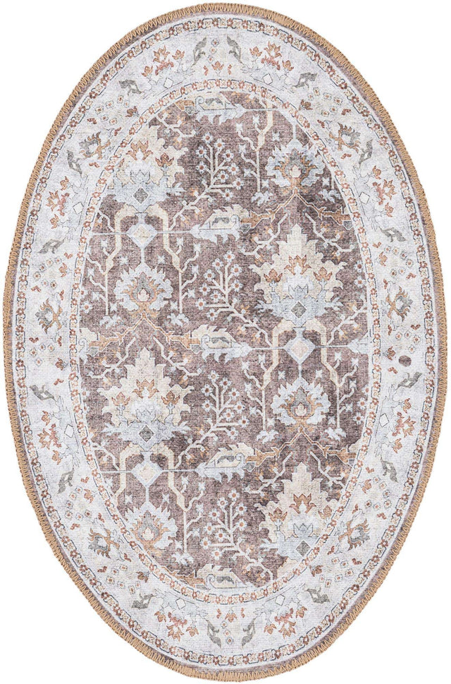 Washable Almond Brown 2' x 3' 1 Timeless Oval Area Rug Easy to Clean Stain Resistant & Durable Traditional Classic Vintage Design Carpet for Sale at Rug Engine