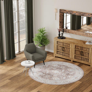 Washable Almond Brown 7' 10 x 7' 10 Timeless Round Area Rug Easy to Clean Stain Resistant & Durable Traditional Classic Vintage Design Carpet for Sale at Rug Engine