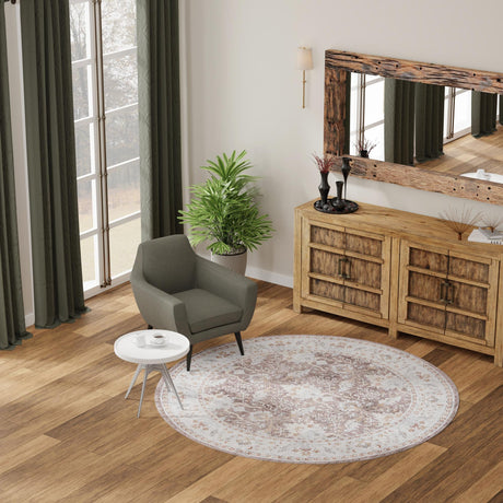 Washable Almond Brown 7' 10 x 7' 10 Timeless Round Area Rug Easy to Clean Stain Resistant & Durable Traditional Classic Vintage Design Carpet for Sale at Rug Engine