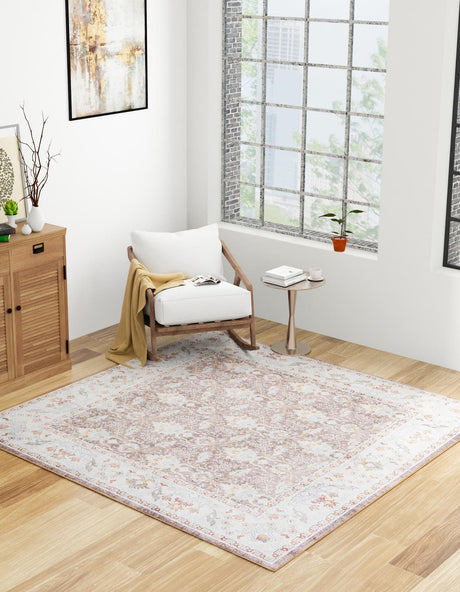 Washable Almond Brown 7' 10 x 7' 10 Timeless Square Area Rug Easy to Clean Stain Resistant & Durable Traditional Classic Vintage Design Carpet for Sale at Rug Engine