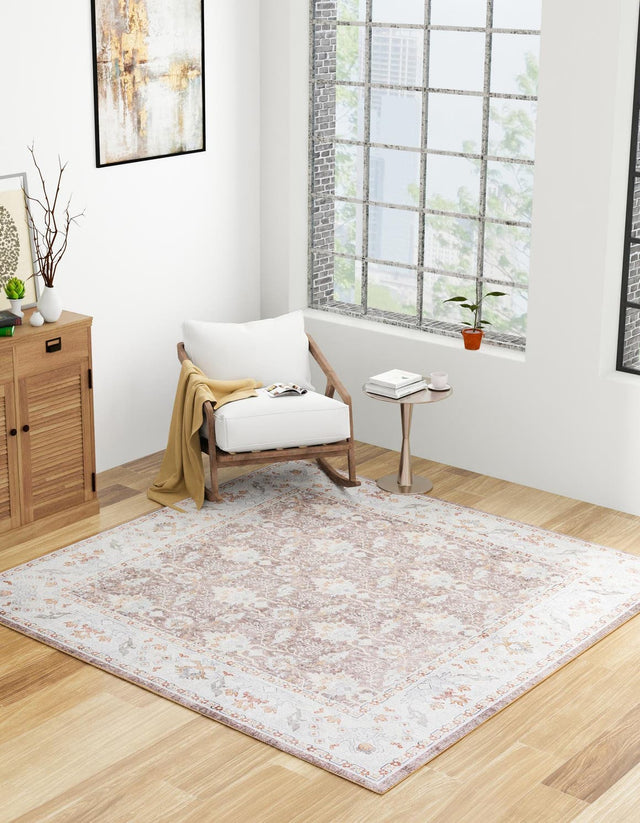 Washable Almond Brown 7' 10 x 7' 10 Timeless Square Area Rug Easy to Clean Stain Resistant & Durable Traditional Classic Vintage Design Carpet for Sale at Rug Engine