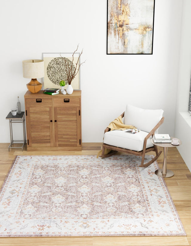 Washable Almond Brown 7' 10 x 7' 10 Timeless Square Area Rug Easy to Clean Stain Resistant & Durable Traditional Classic Vintage Design Carpet for Sale at Rug Engine