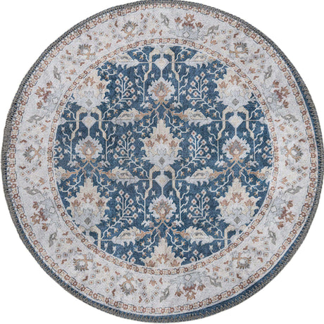Washable Navy Blue 2' x 2' Timeless Round Area Rug Easy to Clean Stain Resistant & Durable Traditional Classic Vintage Design Carpet for Sale at Rug Engine