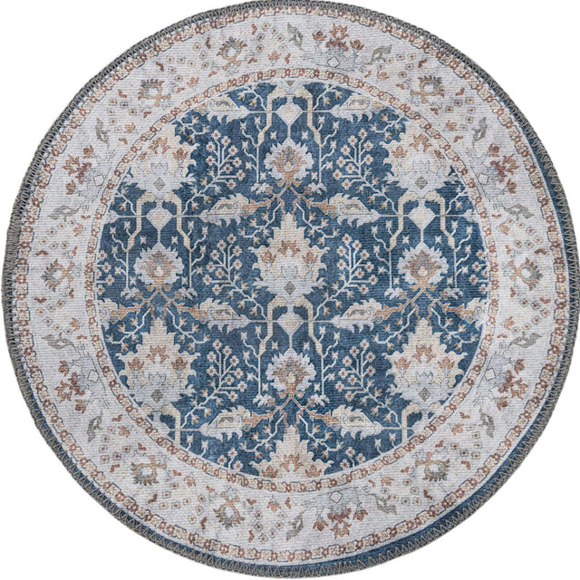 Washable Navy Blue 2' x 2' Timeless Round Area Rug Easy to Clean Stain Resistant & Durable Traditional Classic Vintage Design Carpet for Sale at Rug Engine