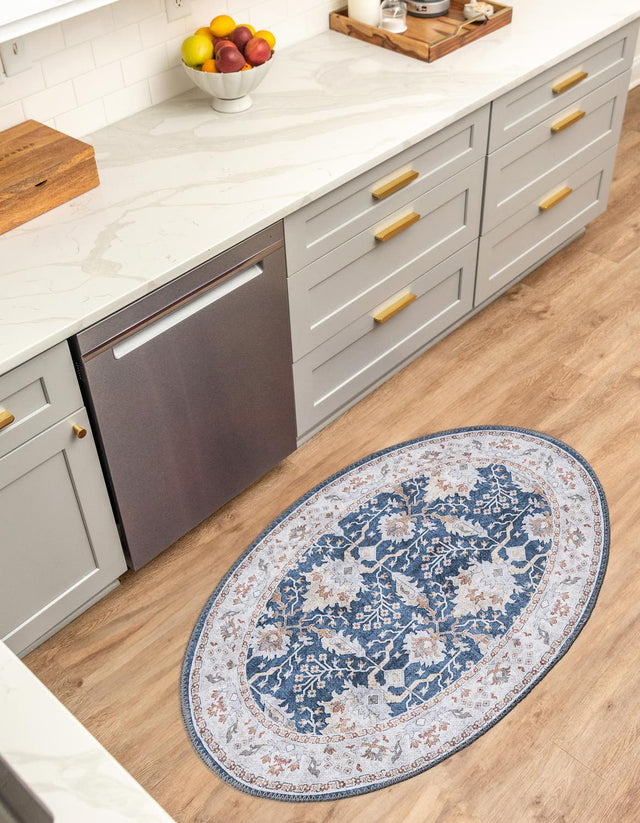 Washable Navy Blue 2' x 3' 1 Timeless Oval Area Rug Easy to Clean Stain Resistant & Durable Traditional Classic Vintage Design Carpet for Sale at Rug Engine