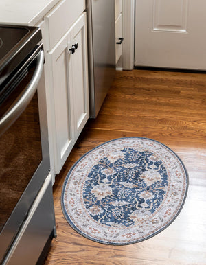 Washable Navy Blue 2' x 3' 1 Timeless Oval Area Rug Easy to Clean Stain Resistant & Durable Traditional Classic Vintage Design Carpet for Sale at Rug Engine