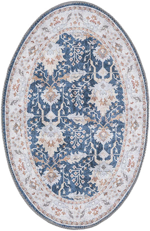 Washable Navy Blue 2' x 3' 1 Timeless Oval Area Rug Easy to Clean Stain Resistant & Durable Traditional Classic Vintage Design Carpet for Sale at Rug Engine