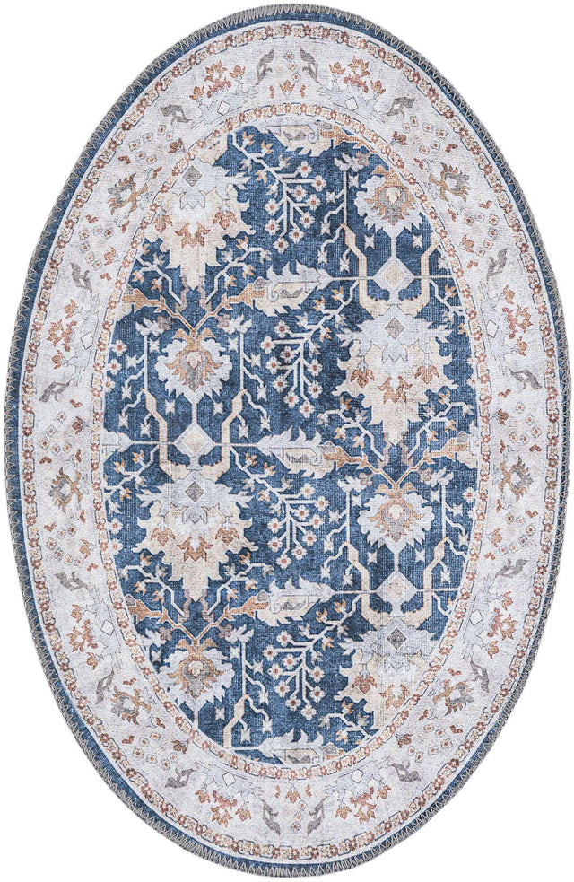 Washable Navy Blue 2' x 3' 1 Timeless Oval Area Rug Easy to Clean Stain Resistant & Durable Traditional Classic Vintage Design Carpet for Sale at Rug Engine