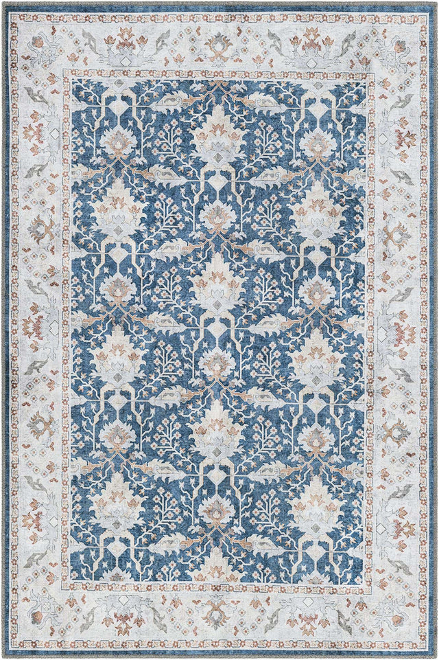 Washable Navy Blue 4' 1 x 6' 1 Timeless Rectangle Area Rug Easy to Clean Stain Resistant & Durable Traditional Classic Vintage Design Carpet for Sale at Rug Engine