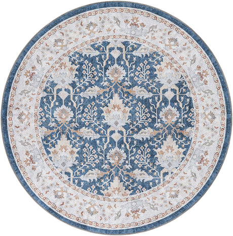 Washable Navy Blue 5' 1 x 5' 1 Timeless Round Area Rug Easy to Clean Stain Resistant & Durable Traditional Classic Vintage Design Carpet for Sale at Rug Engine