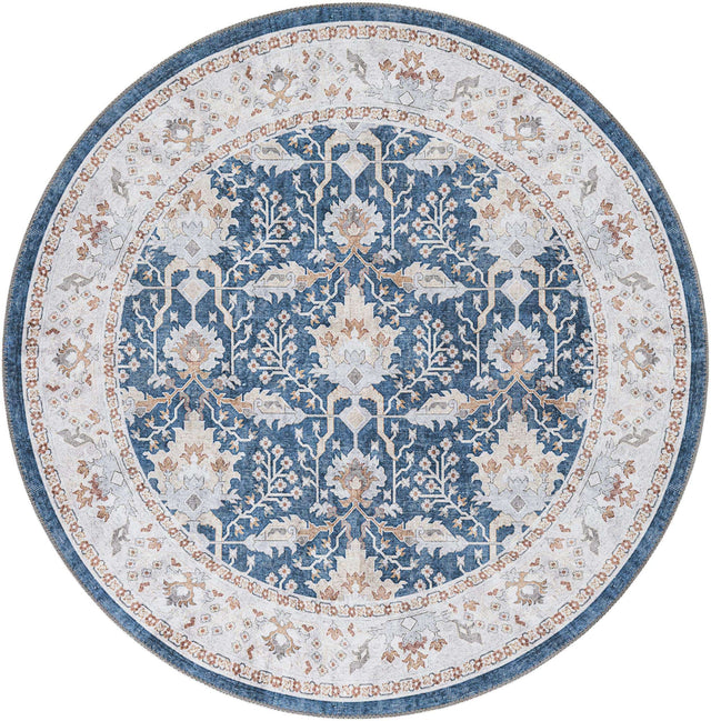 Washable Navy Blue 5' 1 x 5' 1 Timeless Round Area Rug Easy to Clean Stain Resistant & Durable Traditional Classic Vintage Design Carpet for Sale at Rug Engine