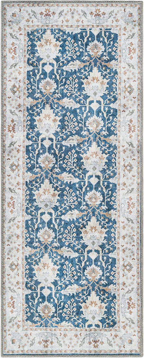 Washable Navy Blue 2' x 5' 1 Timeless Runner Area Rug Easy to Clean Stain Resistant & Durable Traditional Classic Vintage Design Carpet for Sale at Rug Engine