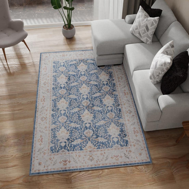 Washable Navy Blue 3' 6 x 5' 6 Timeless Rectangle Area Rug Easy to Clean Stain Resistant & Durable Traditional Classic Vintage Design Carpet for Sale at Rug Engine