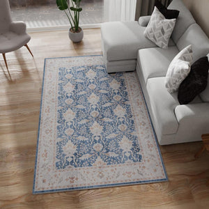 Washable Navy Blue 5' 1 x 8' Timeless Rectangle Area Rug Easy to Clean Stain Resistant & Durable Traditional Classic Vintage Design Carpet for Sale at Rug Engine