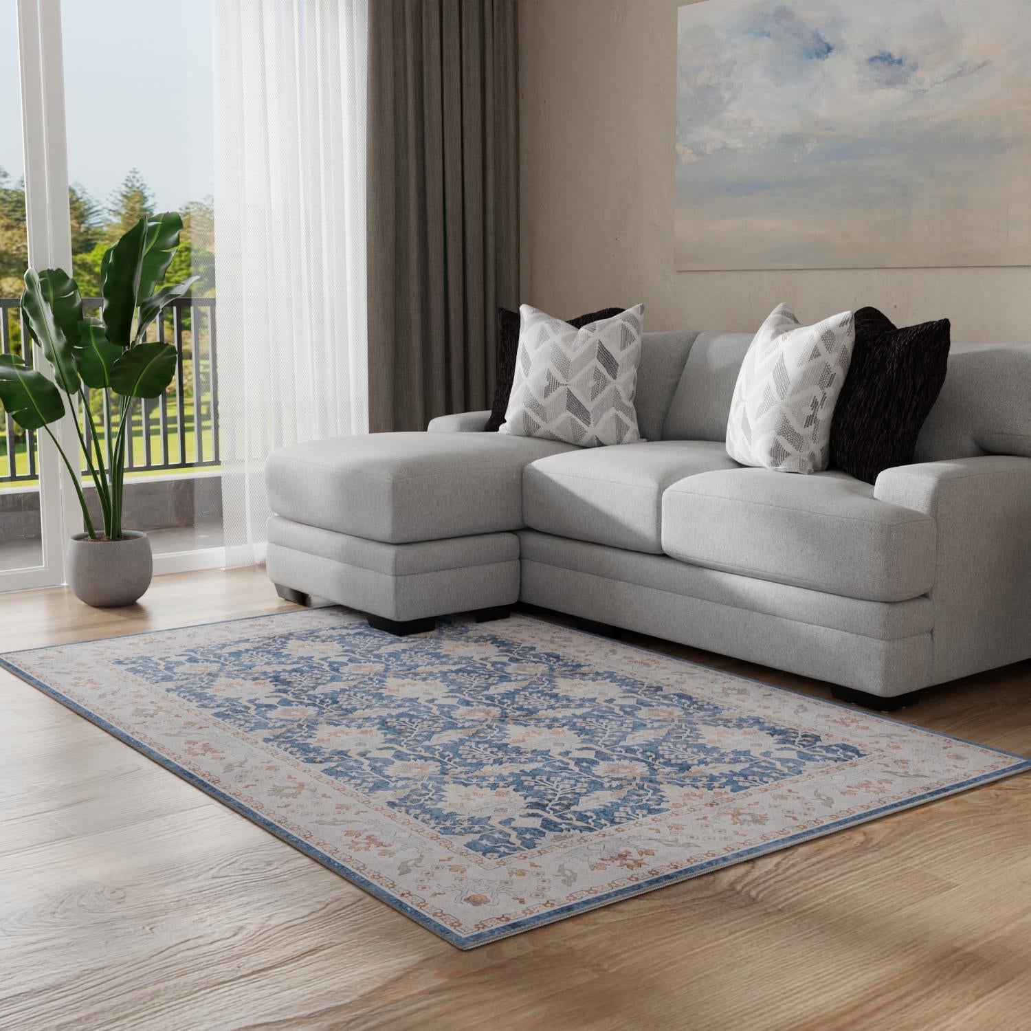 Washable Navy Blue 3' 6 x 5' 6 Timeless Rectangle Area Rug Easy to Clean Stain Resistant & Durable Traditional Classic Vintage Design Carpet for Sale at Rug Engine