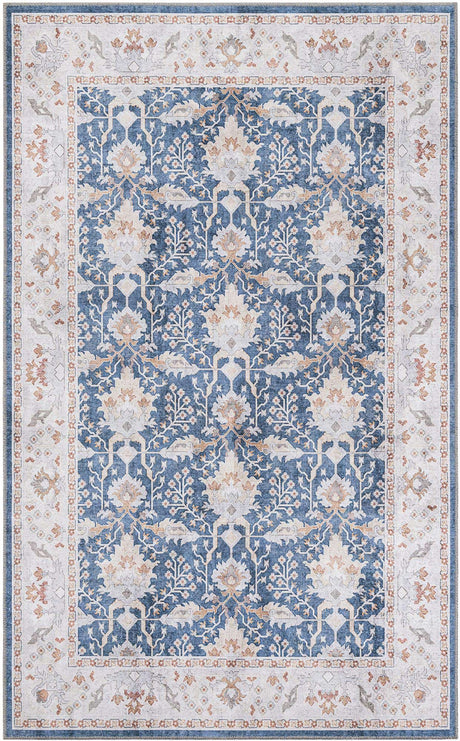 Washable Navy Blue 5' 1 x 8' Timeless Rectangle Area Rug Easy to Clean Stain Resistant & Durable Traditional Classic Vintage Design Carpet for Sale at Rug Engine