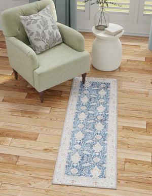 Washable Navy Blue 2' 7 x 10' Timeless Runner Area Rug Easy to Clean Stain Resistant & Durable Traditional Classic Vintage Design Carpet for Sale at Rug Engine