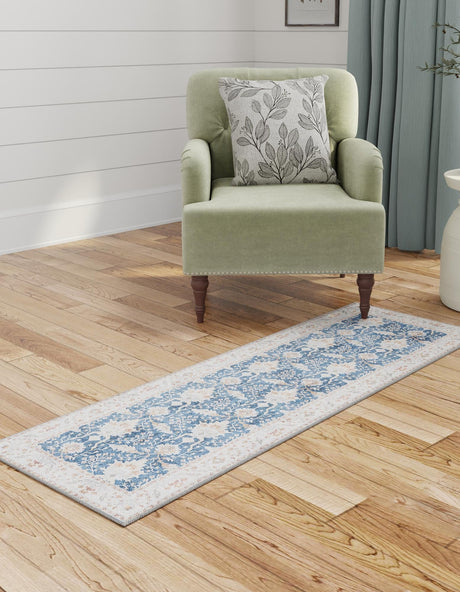 Washable Navy Blue 2' x 8' Timeless Runner Area Rug Easy to Clean Stain Resistant & Durable Traditional Classic Vintage Design Carpet for Sale at Rug Engine