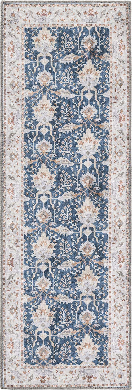 Washable Navy Blue 2' x 6' 1 Timeless Runner Area Rug Easy to Clean Stain Resistant & Durable Traditional Classic Vintage Design Carpet for Sale at Rug Engine