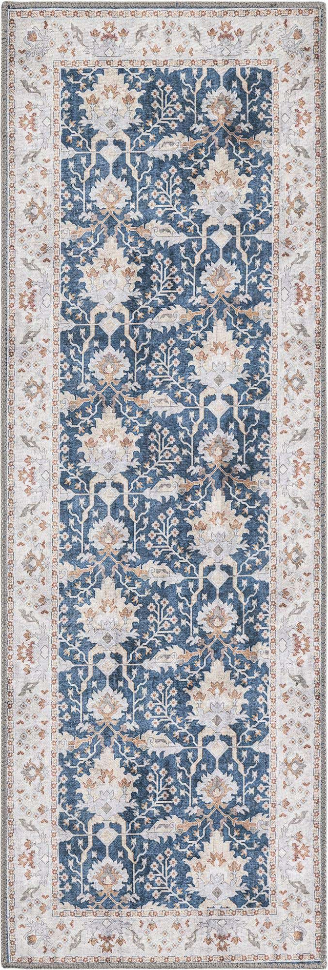 Washable Navy Blue 2' x 6' 1 Timeless Runner Area Rug Easy to Clean Stain Resistant & Durable Traditional Classic Vintage Design Carpet for Sale at Rug Engine