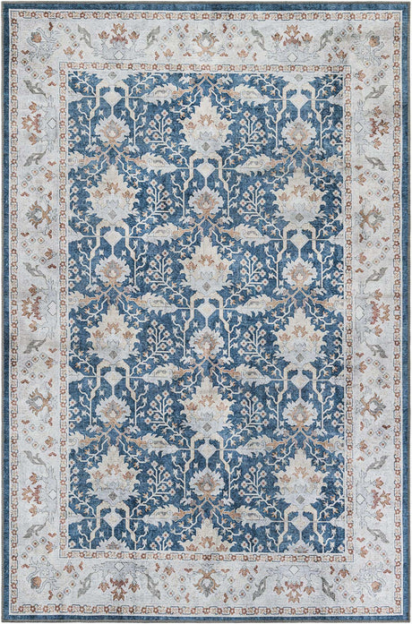 Washable Navy Blue 6' 1 x 9' Timeless Rectangle Area Rug Easy to Clean Stain Resistant & Durable Traditional Classic Vintage Design Carpet for Sale at Rug Engine